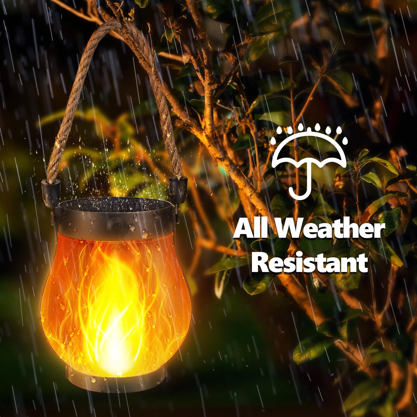 iBaycon 2 Pack Gen2 Solar Lanterns Lights, Ultra-Real Flame Garden Lights with Dual Charging USB & Solar, 2 Modes Outdoor Waterproof Hanging Lantern for Yard Home Brithday Gifts (Warm White)
