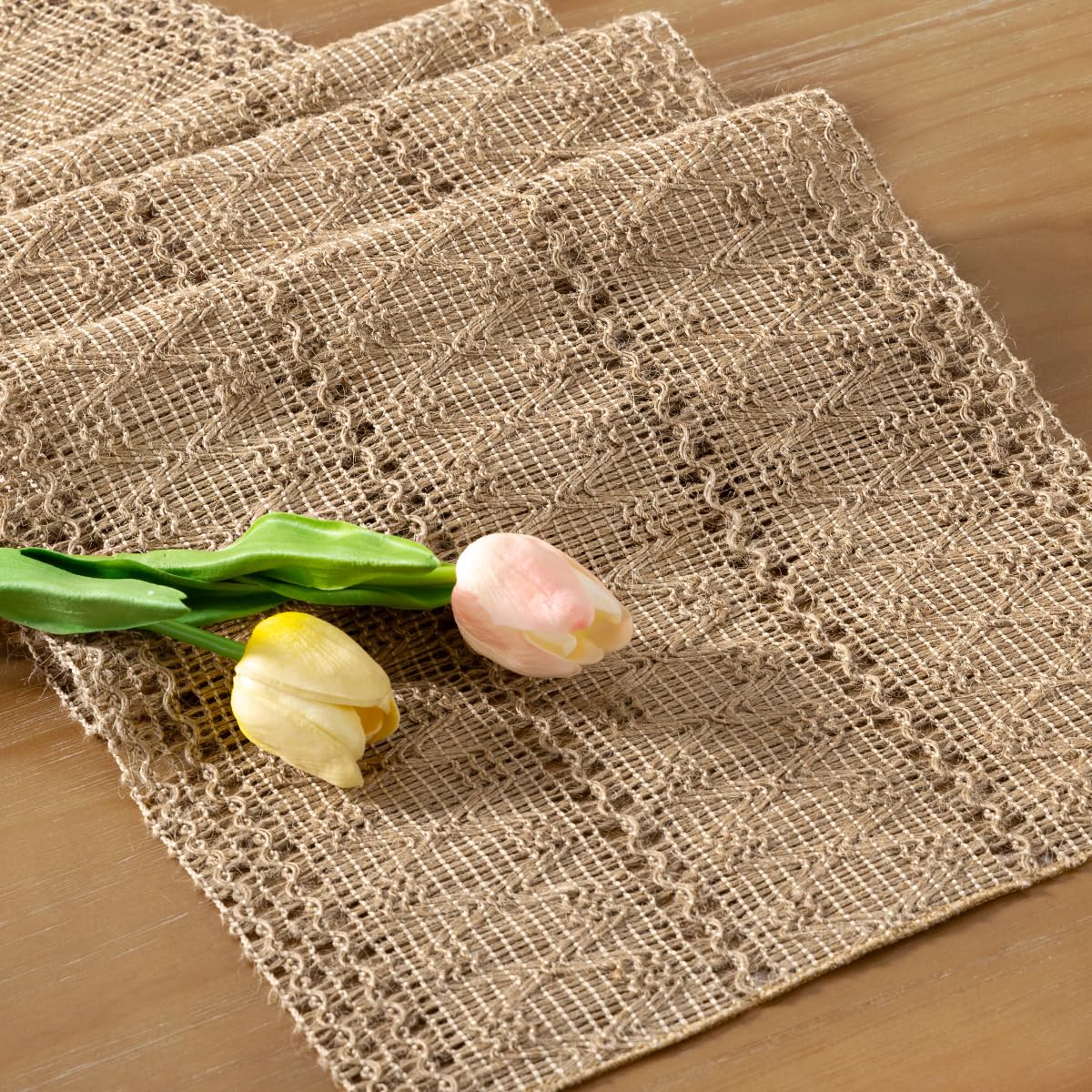 Socomi Boho Table Runner Easter Spring Farmhouse Burlap Jute Bamboo Rustic Dining Kitchen Centerpiece Decor Small Macrame Woven Coffee Table Runner for Dresser Scarf Home Decor 12x36 inch