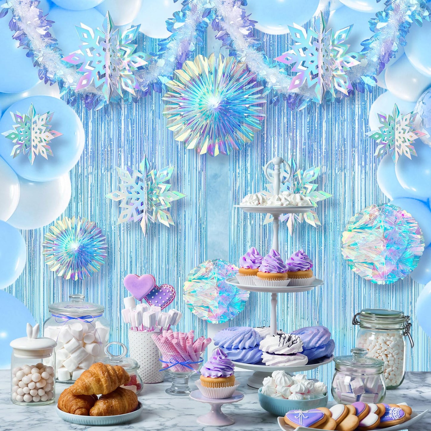 Soulchen 14 Pcs Winter Wonderland Snowflake Party Decorations Baby Shower Party Ornament with 6ft Backdrop Snowflake Hanging Honeycomb Fan and Garland for Baby Its Cold Outside Decor