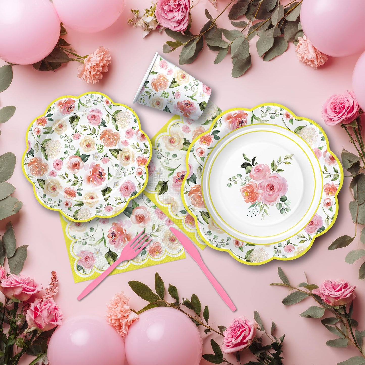 Owelleny Flower Floral Party Decorations, Spring Summer Elegant Garden Floral Party Supplies for Birthday Bridal Wedding Baby Shower, Disposable Paper Plate, Cup, Napkin, Banner, Cutlery, Serves 24