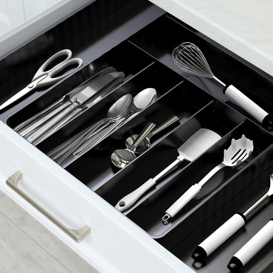 Simple Houseware Expandable Kitchen Drawer Flatware Organizer, Black – Adjustable Cutlery Tray with 9 Compartments for Utensils and Silverware