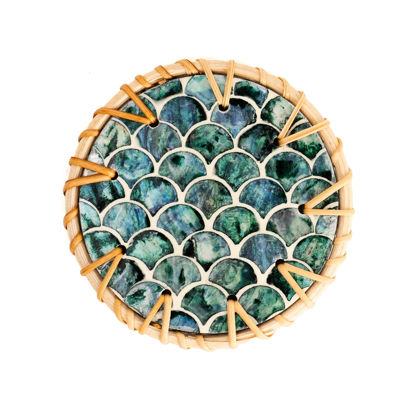 JUNGLE CULTURE Mother of Pearl Rattan Coasters for Drinks with Holder • Handmade Round Coaster Set of 6 • Sustainable Wicker Homeware • Coffee Table, Mugs, Glasses, Tiki Cups • Coastal Boho - Cascade