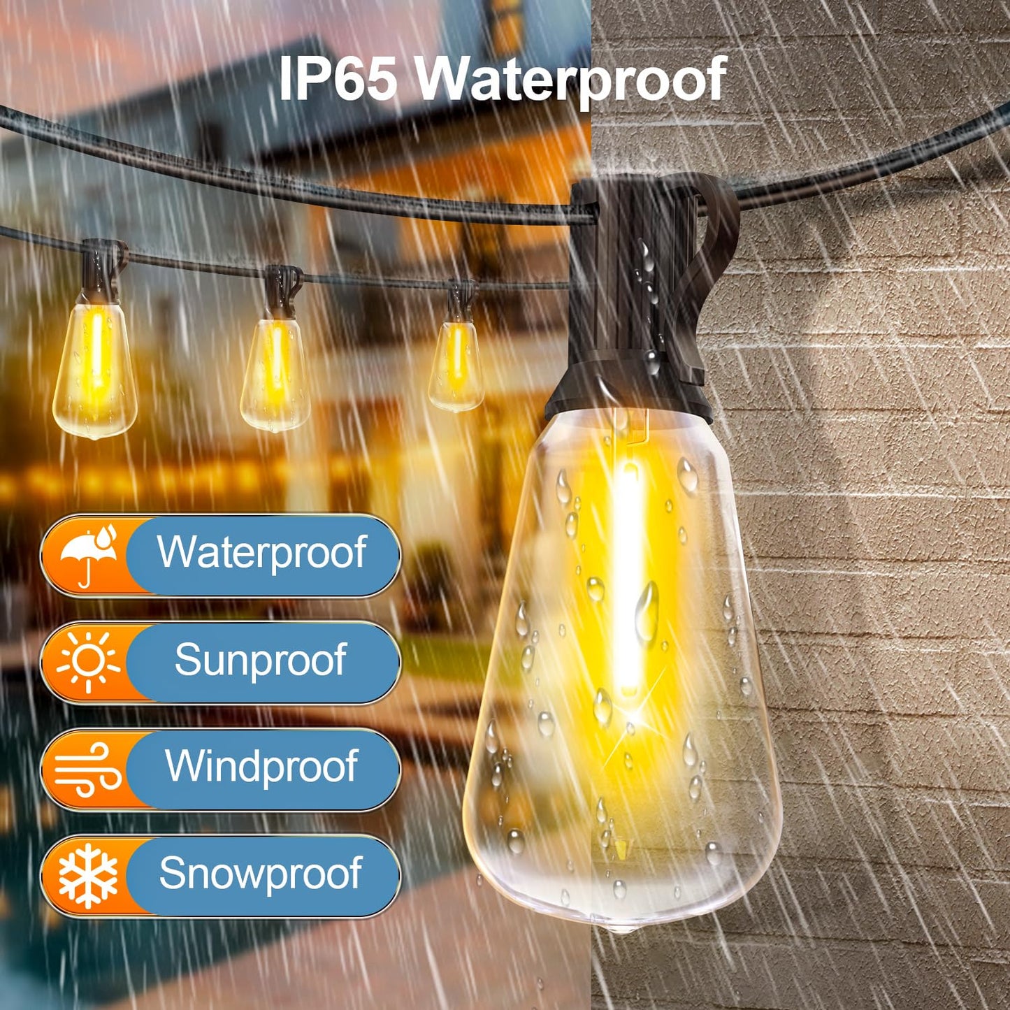 Outdoor Lights String Patio Outside - 100ft 30M LED Waterproof Light - Hanging Lighting ST38 Shatterproof Edison Bulb Deck Backyard Gazebo Balcony Party Bistro Cafe Pergola Garden Yard Porch Dimmable