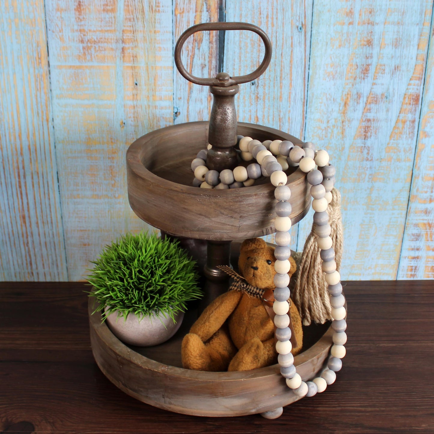 CVHOMEDECO. Wood Beads Garland with Tassels Farmhouse Rustic Wooden Prayer Bead String Wall Hanging Accent for Home Festival Decor. Grey Mix Distressed