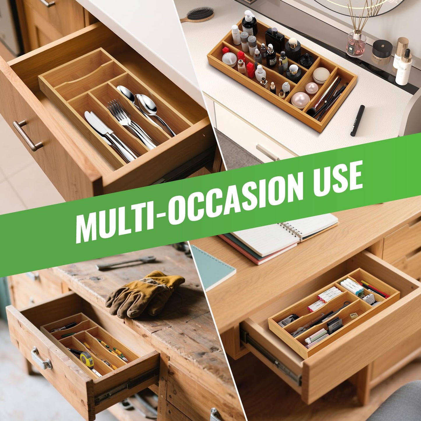 Bayting Small Silverware Organizer, Bamboo Kitchen Drawer Cutlery Organizer, Utensil Holder, Flatware Organizer Tray (14.2"x6.7"x1.6")