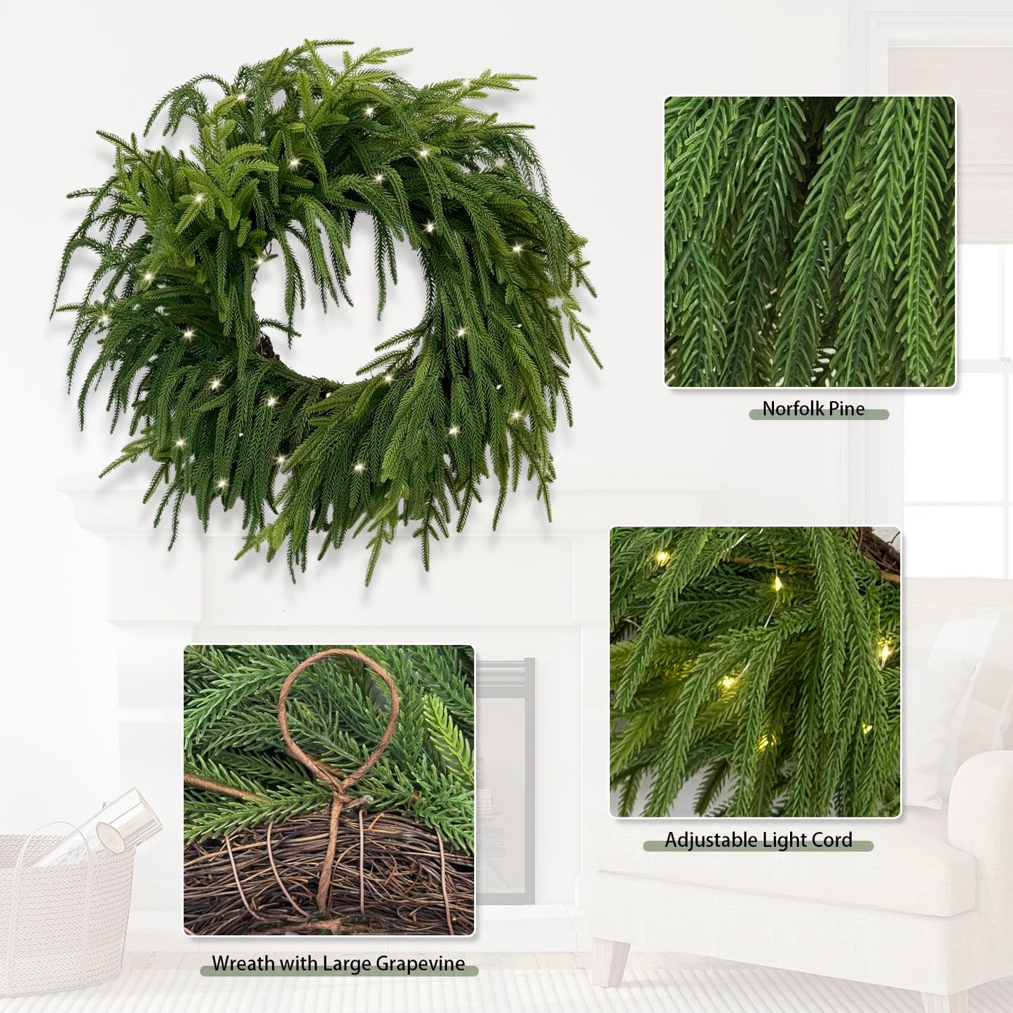 TOKCARE Norfolk Pine Wreaths for Front Door, 26Inch Real Touch Prelit Christmas Wreath with Lights 40 LED Green Faux Pine Wreath for Wall Windows Mantle Outdoor Christmas Decoration