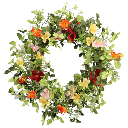 Pudate 22IN Artificial Spring Summer Wreath with Wild Flowers & Silk Daisies Eucalyptus, UV Resistant, Colorful Wreath - for Spring Summer Indoor Outdoor Home Décor