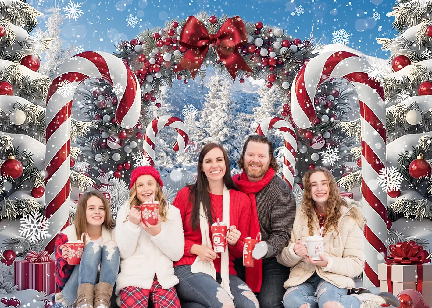 Merry Christmas Candy Cane Backdrop for Photography Winter Snow Scenery Christmas Tree Photo Background Xmas Holiday New Year Eve Family Party Decoration Banner Supplies (82x59 inch (7x5FT))