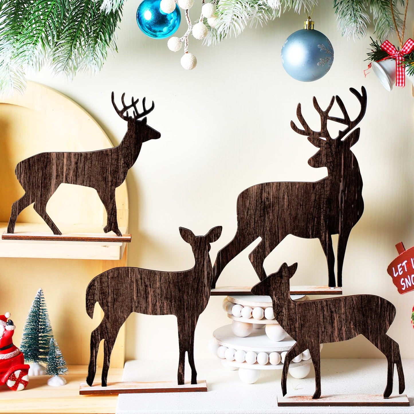 Barydat Winter Table Decorations Wooden Pine Tree Reindeer Table Centerpiece Winter Tabletop Signs Rustic Farmhouse Decor for Home Office Desk Party Favors(4 Pcs,Reindeer)