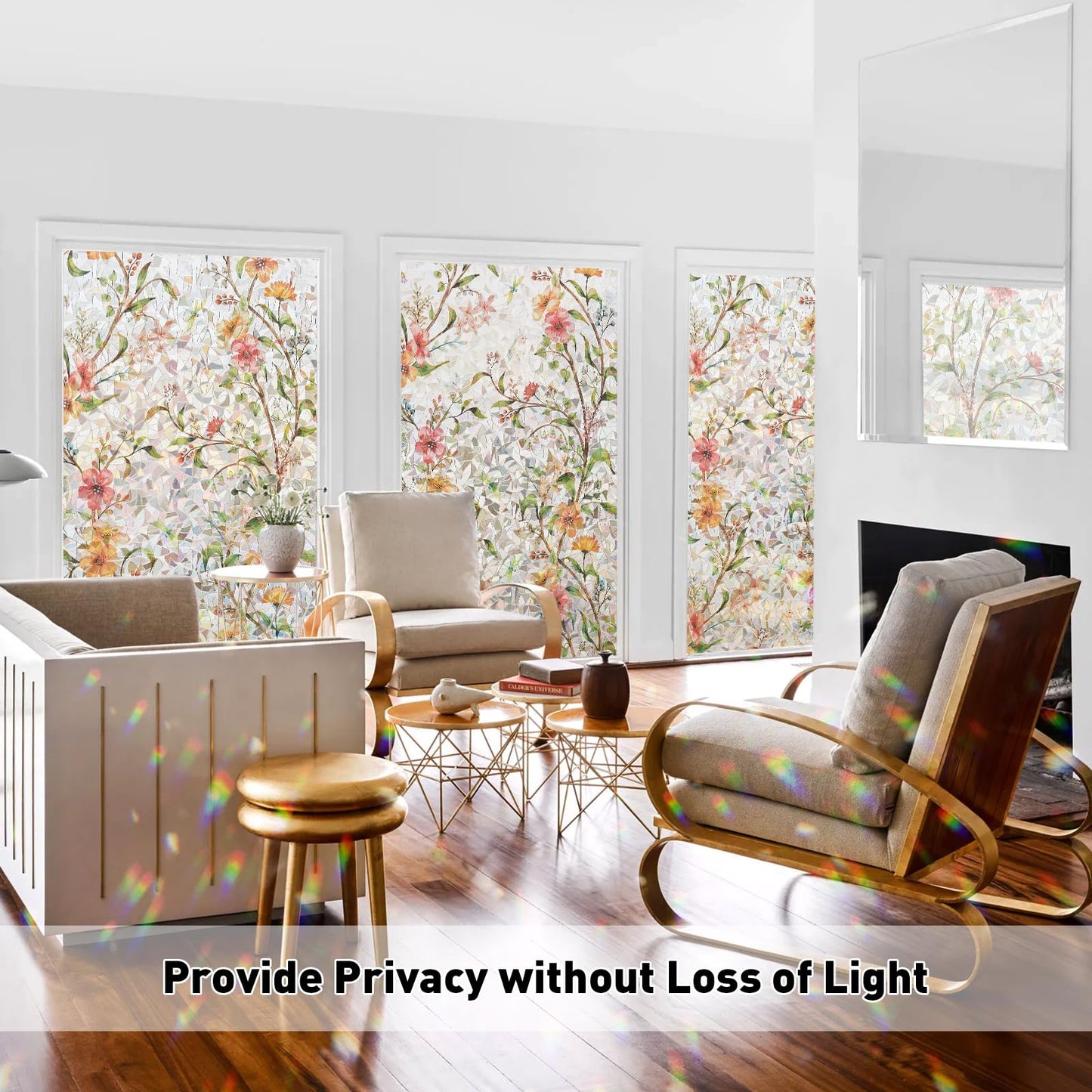 Kromapolis Window Privacy Film Floral Rainbow Decorative Stickers, 3D Static Stained Glass Cling, Removable Cover for Home Heat Control Anti-UV, Car Sunroof Vinyl Decals Non-Adhesive, 17.5'' x 78.7''