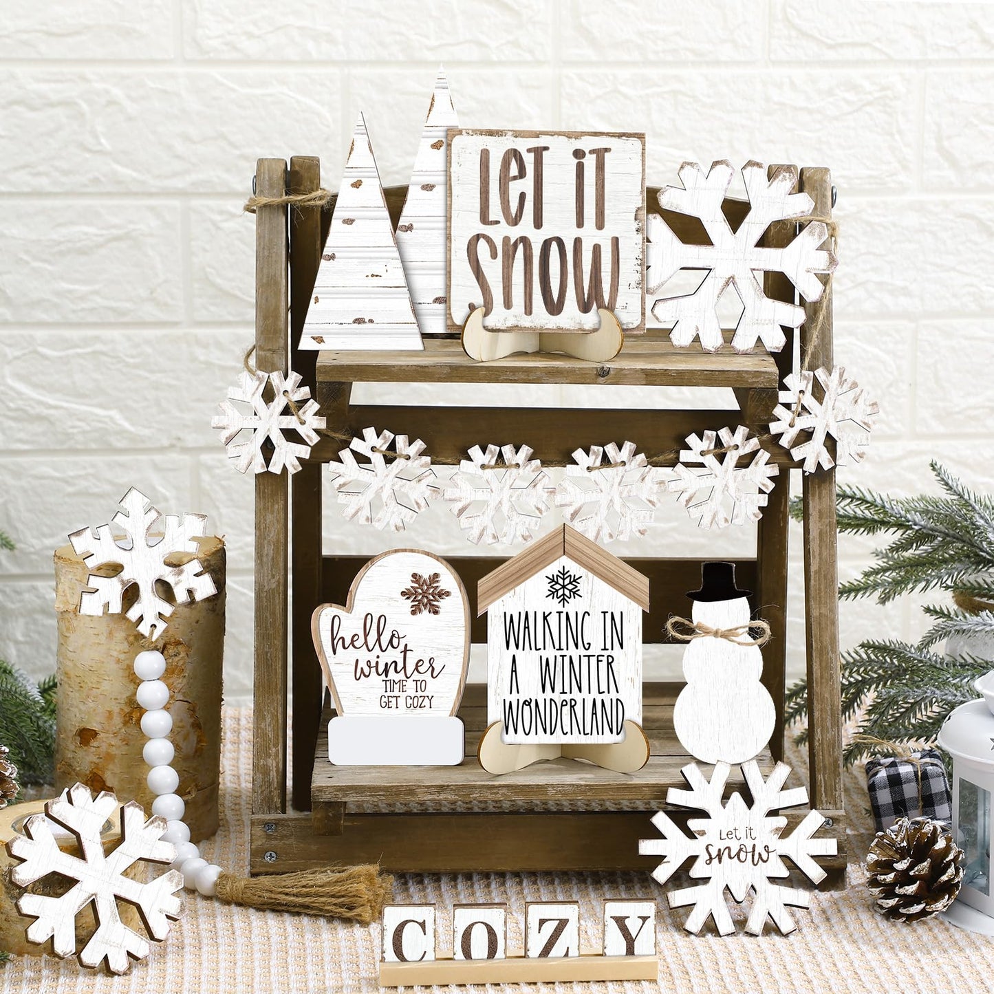 GlikCeil 19 Pcs Winter Tiered Tray Decor Snowflakes Wood Rustic Decoration Tiered Sign Table Centerpieces Without Tray for Tabletop Shelf Winter Xmas Home Party Gifts(Rustic)