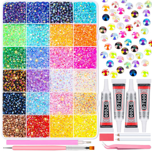 Audab Multicolor 4mm AB Rhinestone Kit with 16000pcs, 4pcs B7000 Jewelry Glue, Tools for Bedazzling Crafting, Graduation Cap, Jewelry, Shoes & Nails