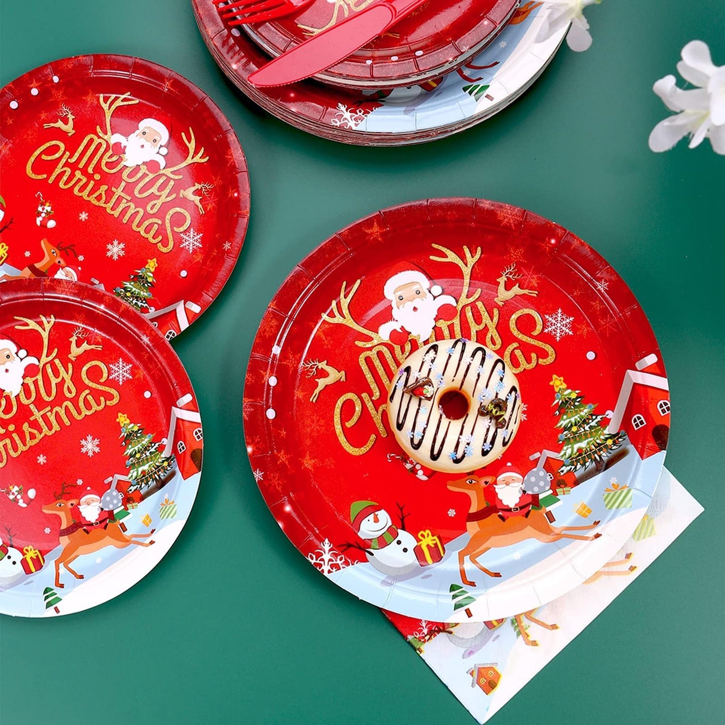 LOOWVY Christmas Paper Plates and Napkins Set, Christmas Plates Cups Napkins Forks Tablewares Party Supplies Serve 24