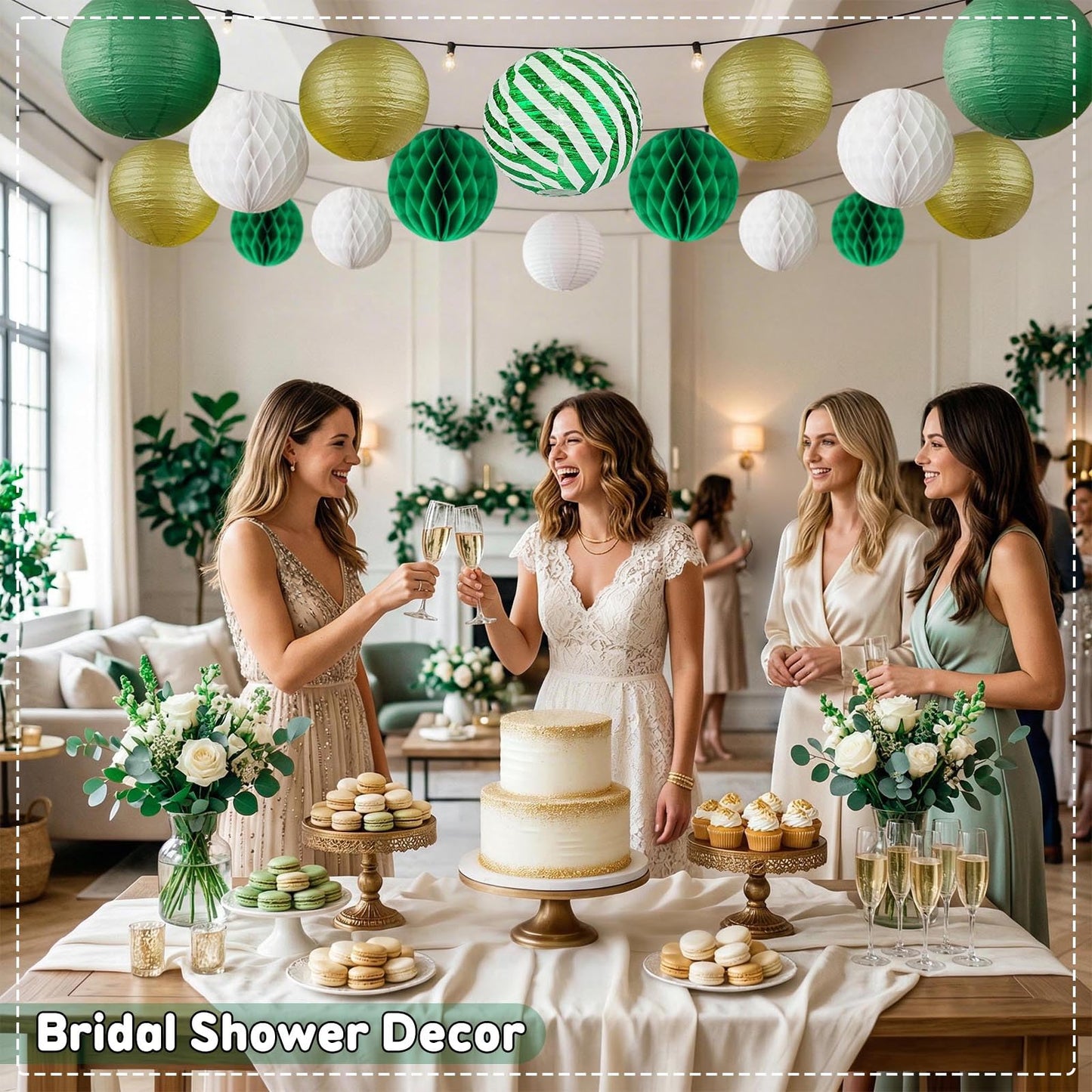Green and Gold Party Decorations - 16Pcs Hanging Green White and Gold Paper Lanterns & Honeycomb Balls for Graduation Decorations 2026, Birthday, Baby Shower & Wedding Party Supplies