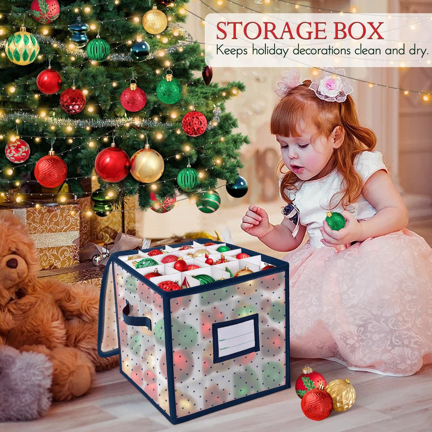 BINSUNS Christmas Ornament Storage Box, Christmas Storage Containers Organizer Bag with Dividers - Fits up to 64 Holiday Xmas Ornaments Decorations 3" Seasons Balls(Blue)