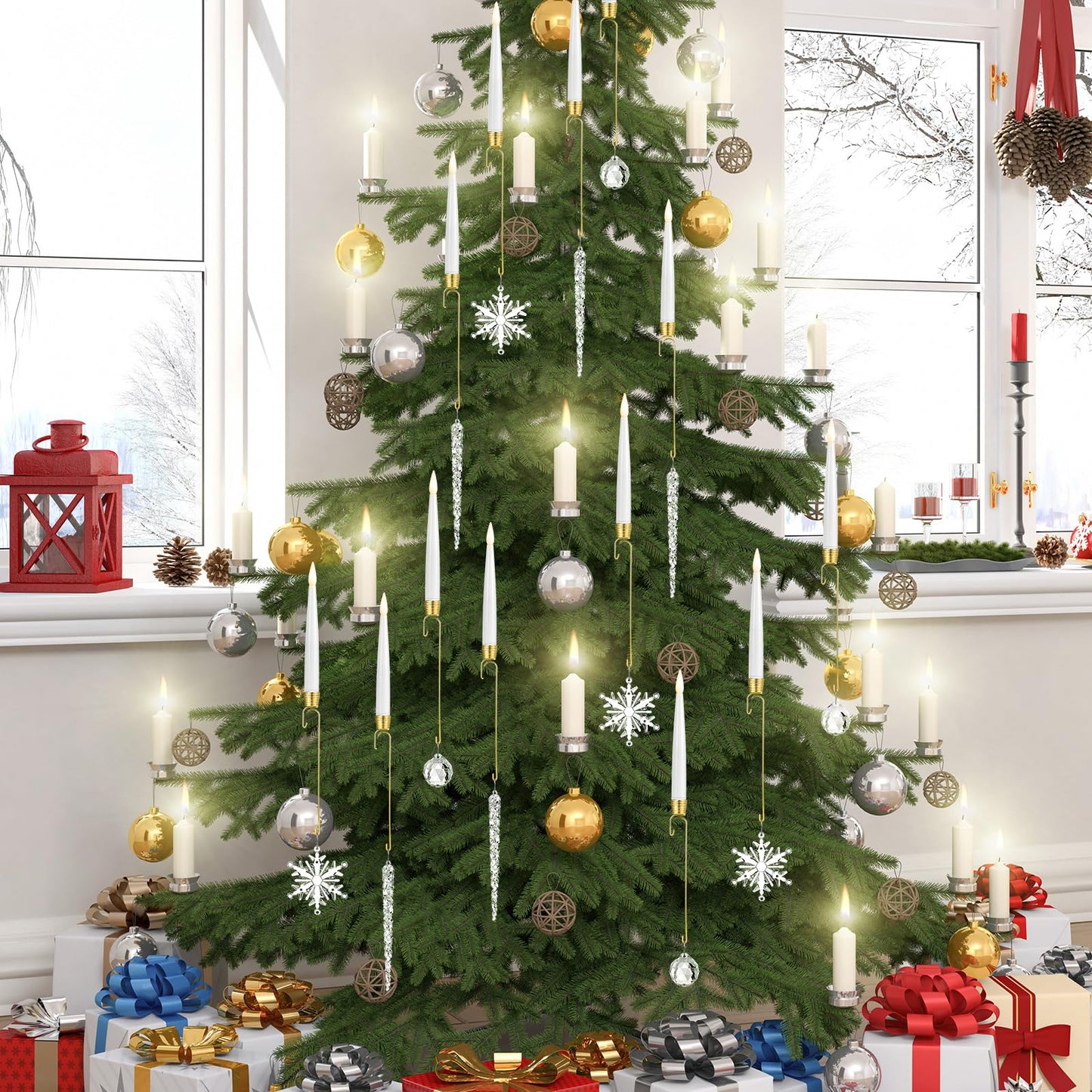 Baquler 12 Pcs Christmas Tree Candles with Remote, Flameless LED Taper Candles Battery Operated Lights with Ball Icicles Snowflake Hooks Xmas Hanging Decor for Winter New Year Party