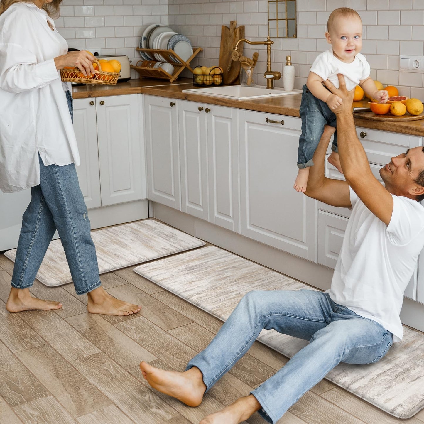KIMODE Anti Fatigue Kitchen Mats for Floor 2 Piece, Cushioned Abstract Kitchen Rugs,Memory Foam Kitchen Floor Mats, Standing Desk Mats for Laundry, Office, Sink Light Brown Multi 17"x47"+17"x29"