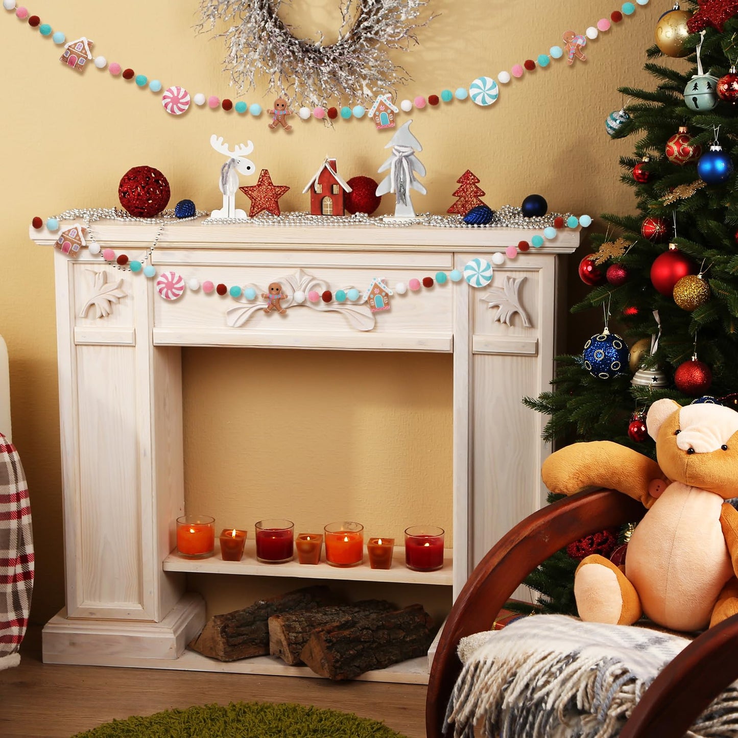 Newwiee Christmas Felt Garland 3D Felt Gingerbread Garland Hanging 8.2 ft Candy Pom Ball Banner for Christmas Holiday Playroom Mantel Wall Decoration