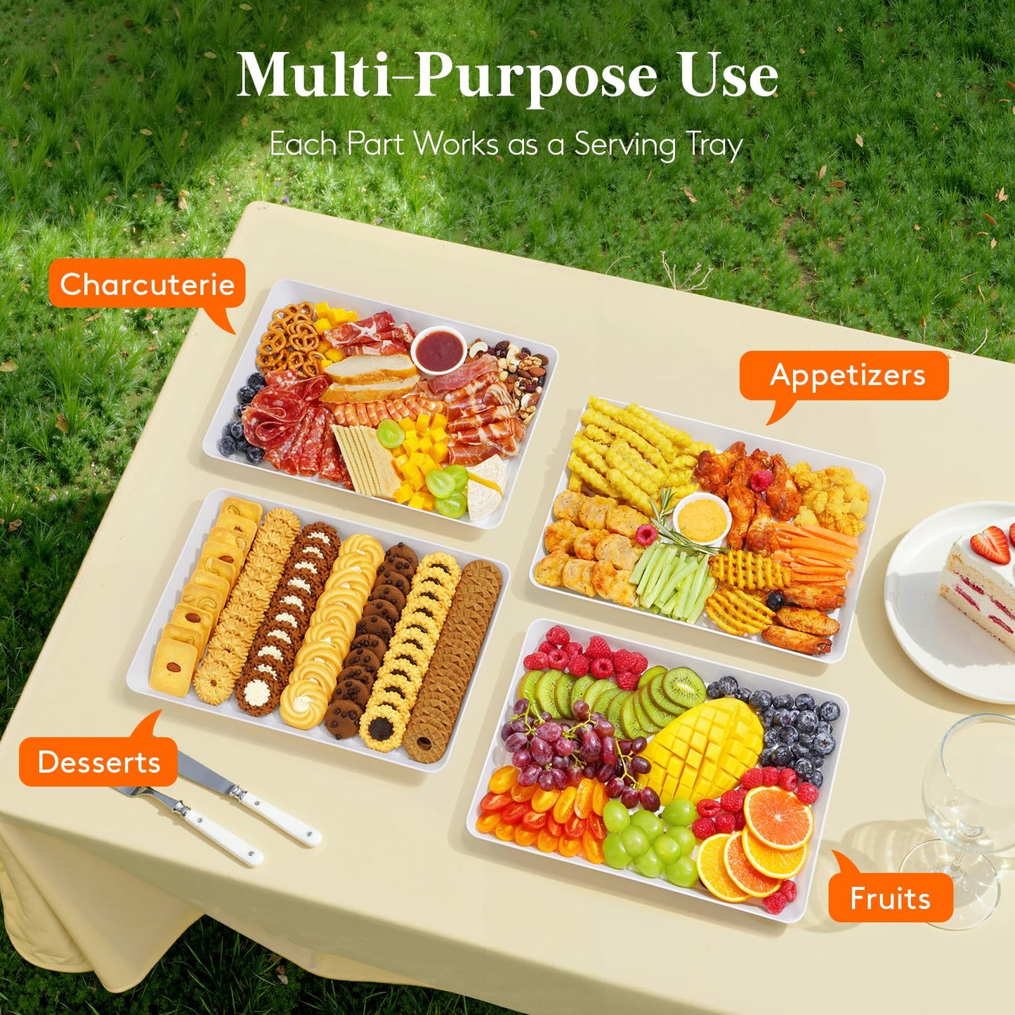 Lifewit Serving Tray for Party Supplies, Reusable Serving Platter for Catering, Snack, Fruit, Charcuterie, Appetizer, Plastic Food Trays, Hosting Essentials, BPA Free, White, 4 Pcs