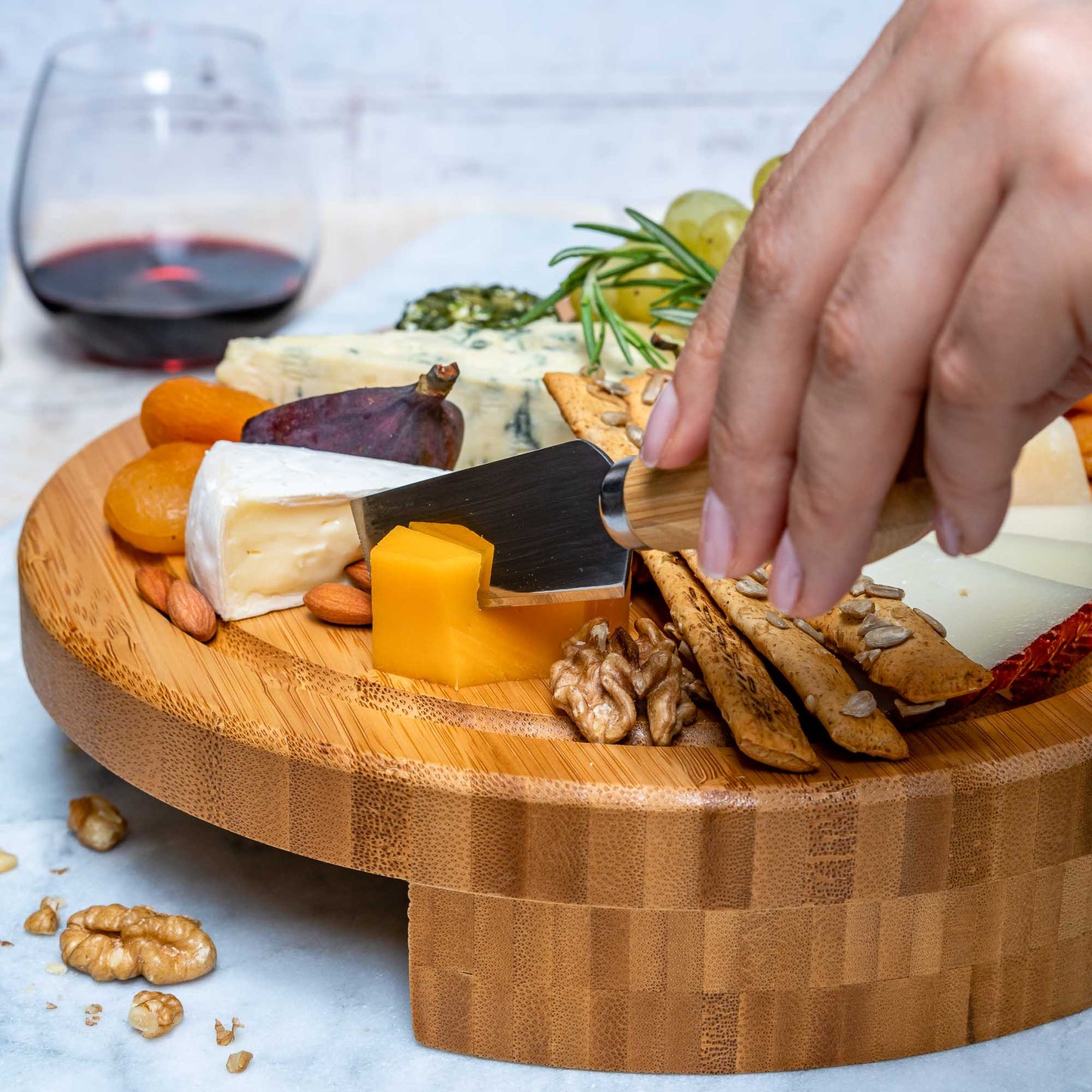 Bamboo Cheese Board and Knife Set - 10 inch Round Charcuterie Board, Serving Tray, Platter, Wood Cheese Set - Gift Idea - BlauKe®