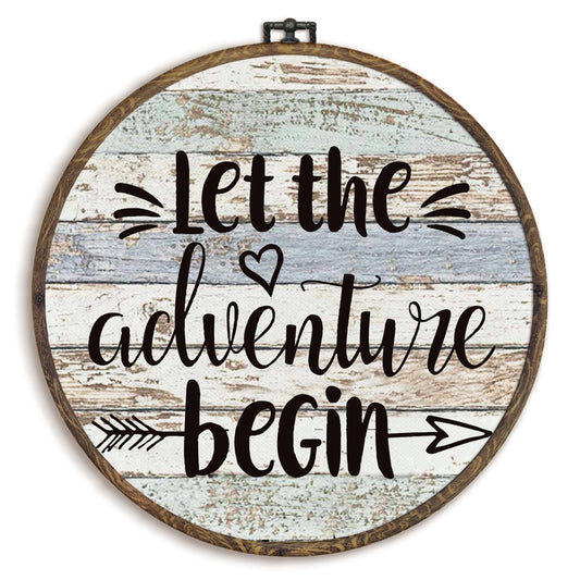 KFXHANGD Let the Adventure Begin Round Wall Art Framed, Camping Canvas Wall Art Decor, Adventure Wall Decor, Camper Gifts, Rustic Campsite Hanging Wall Decor for Bathroom Living Room, 10x10inch
