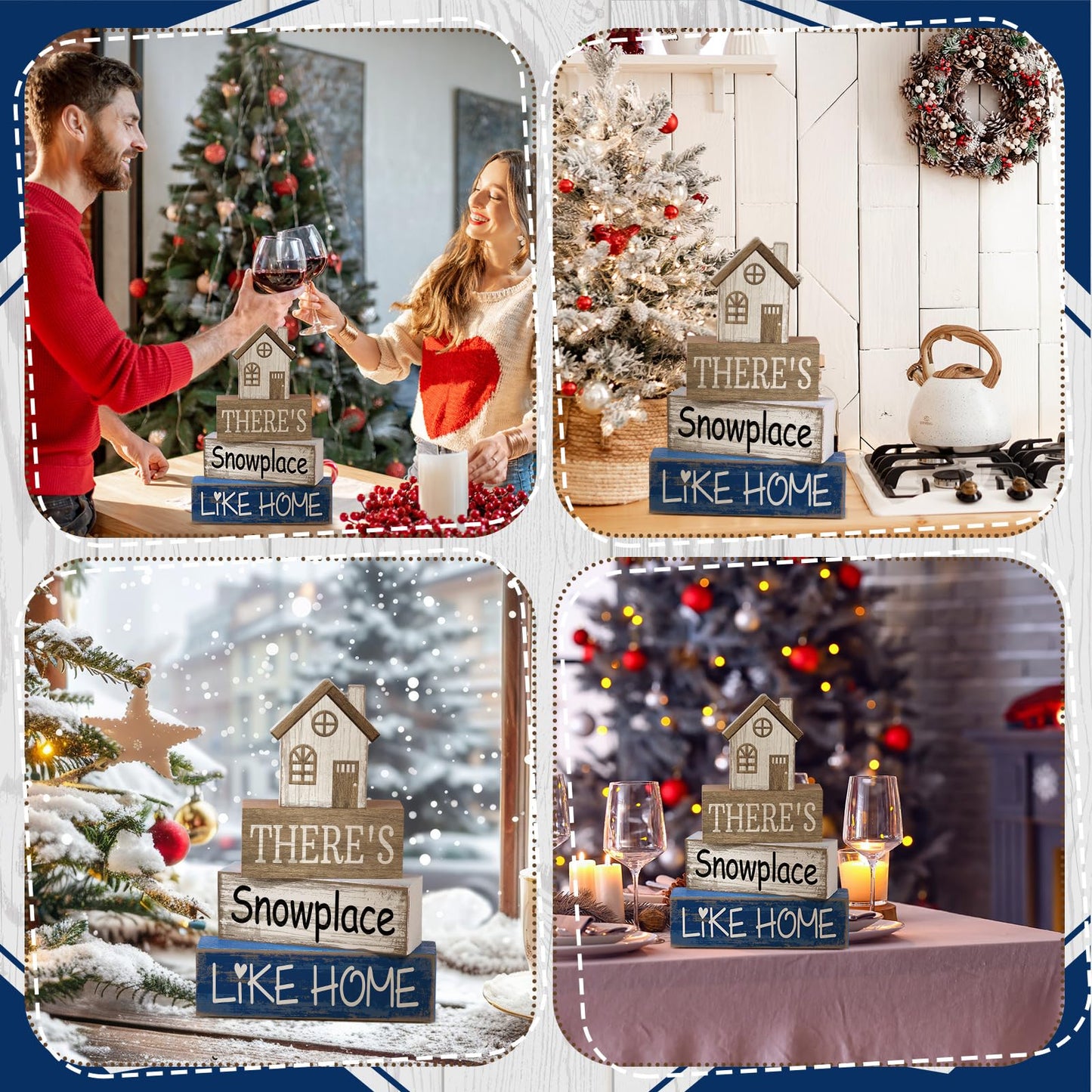 Lineshading 4 Pcs Winter Table Decoration Wooden House Decor Winter Tiered Tray Decor Rustic Decorative House Block Signs Gifts Christmas Centerpieces Farmhouse Sweet Home Decoration for Kitchen Desk