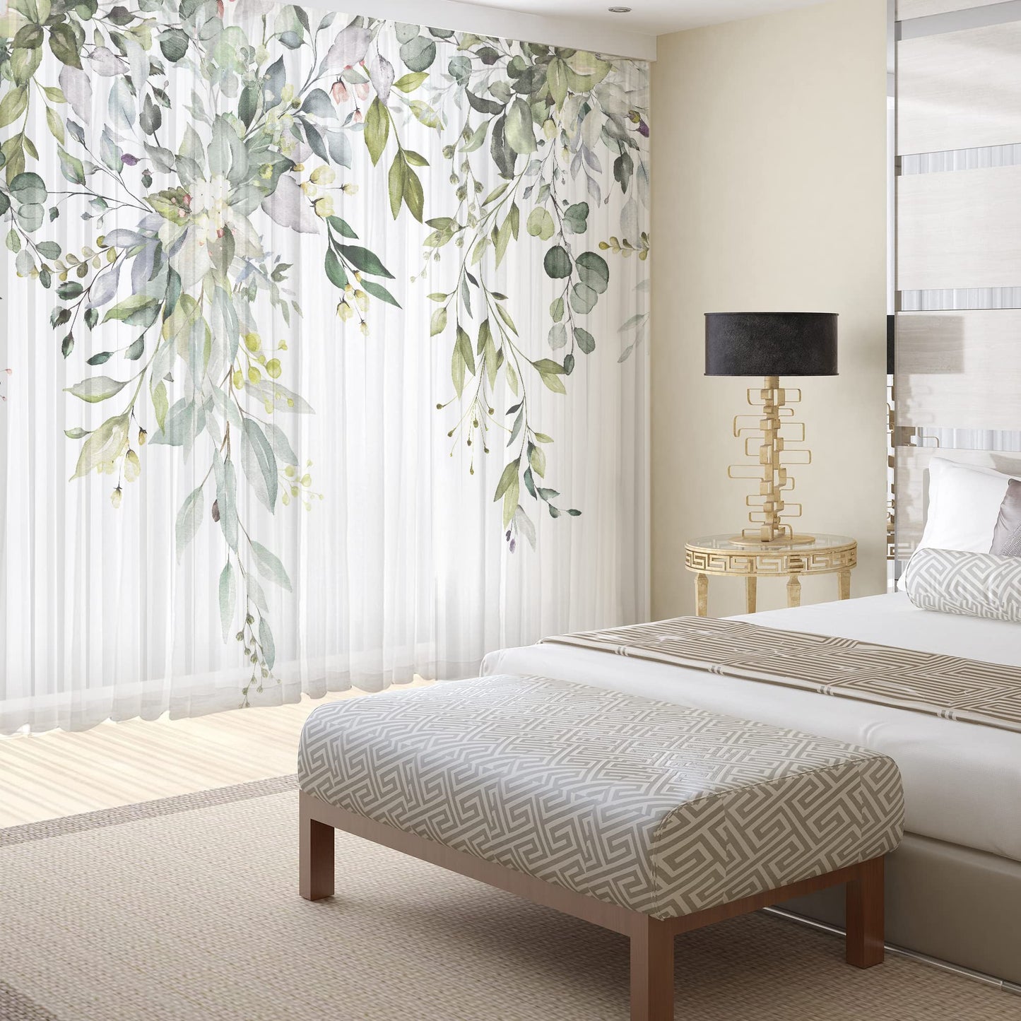 Fereyis Green Eucalyptus Leaves Sheer Curtains for Living Room 84 inch Length 2 Panels Set Elegant Wild Flower Floral Spring Printed Window Curtain Natural Chiffon Drapes for Bedroom