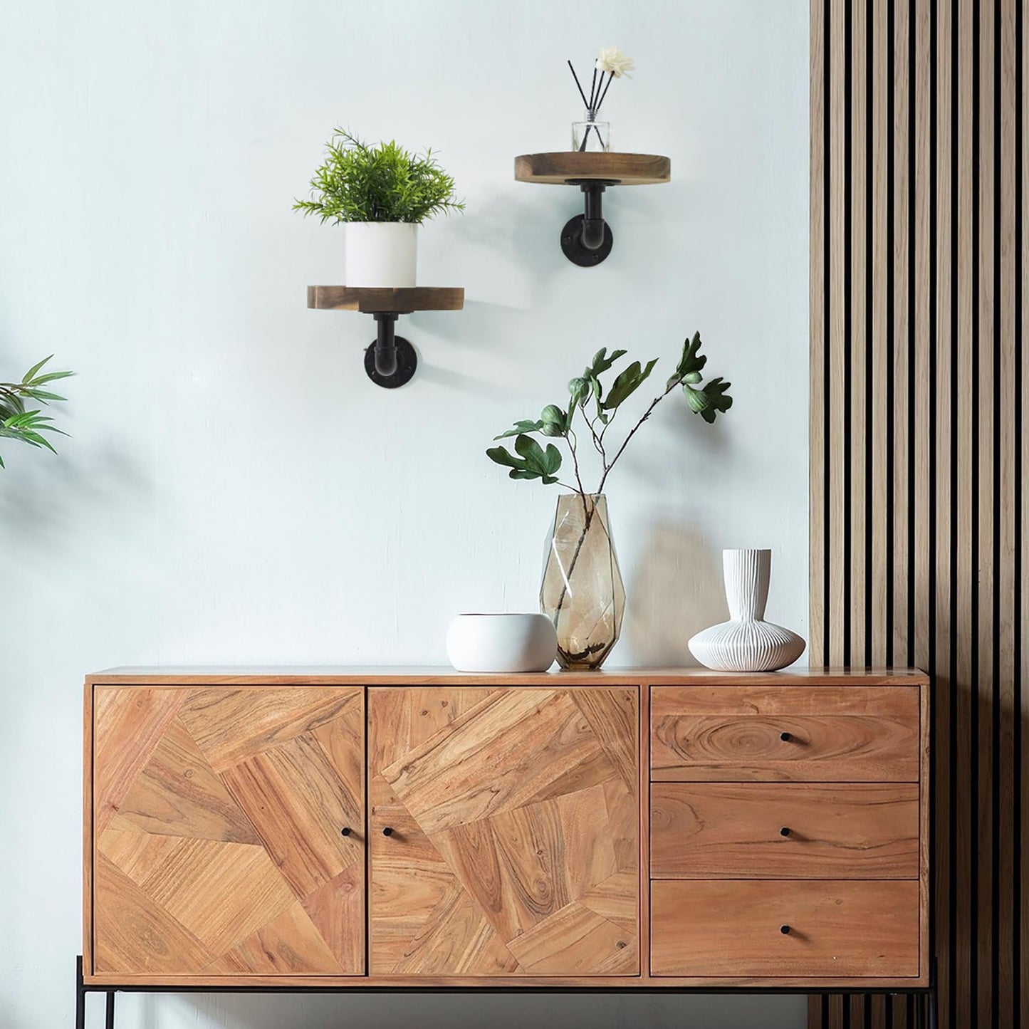 Un-OPENED BOX Round Wooden Floating Shelves Wall Mounted (Set of 2). Made of Acacia Wood. Industrial Pipe Brackets. A Unique Rustic Pedestal for Plants and Ornaments. Diameter 7.1 inches.