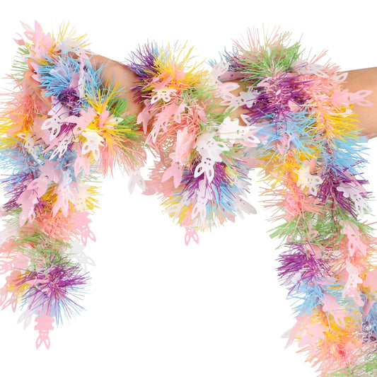 FOIMAS 33FT Easter Tinsel Garland, Colorful Metallic Twisted Hanging Garlands with Pink White Bunny Confetti Spring Hanging Garland for Easter Party Wreath Tree Indoor Outdoor Decor
