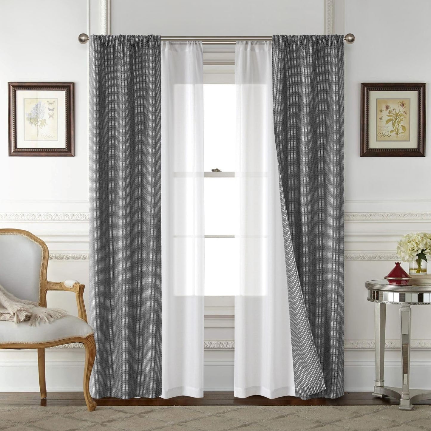 Parklane Dark Grey 4-Piece Rod Pocket Wave Window Panel Set, 2 Jacquard Panels & 2 Sheer Panels, Elegant Layered Curtains for Living Room or Bedroom,84"