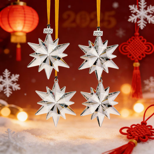 Set of 4 Glass Snowfake Ornament Crystal Snowflakes Ornaments Glass Window Snowflake Hanging Ornament Christmas Tree Indoor Outdoor - with 2025 Tag, Gift Boxed Holiday Decor -2025 Edition