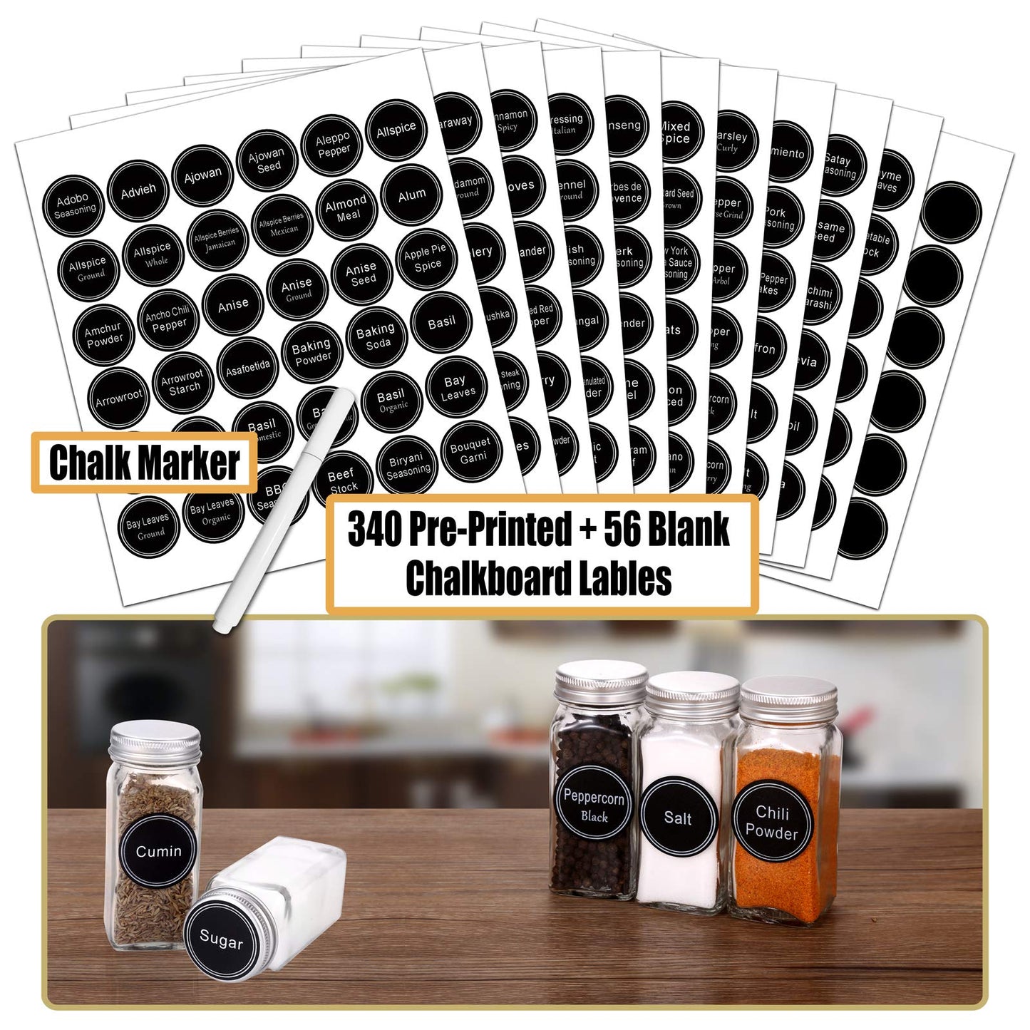 SWOMMOLY 48 Glass Spice Jars with 713 Spice Labels, Chalk Marker and Funnel Complete Set. 48 Square Glass Jars 4OZ, Airtight Cap, Pour/sift Shaker Lid