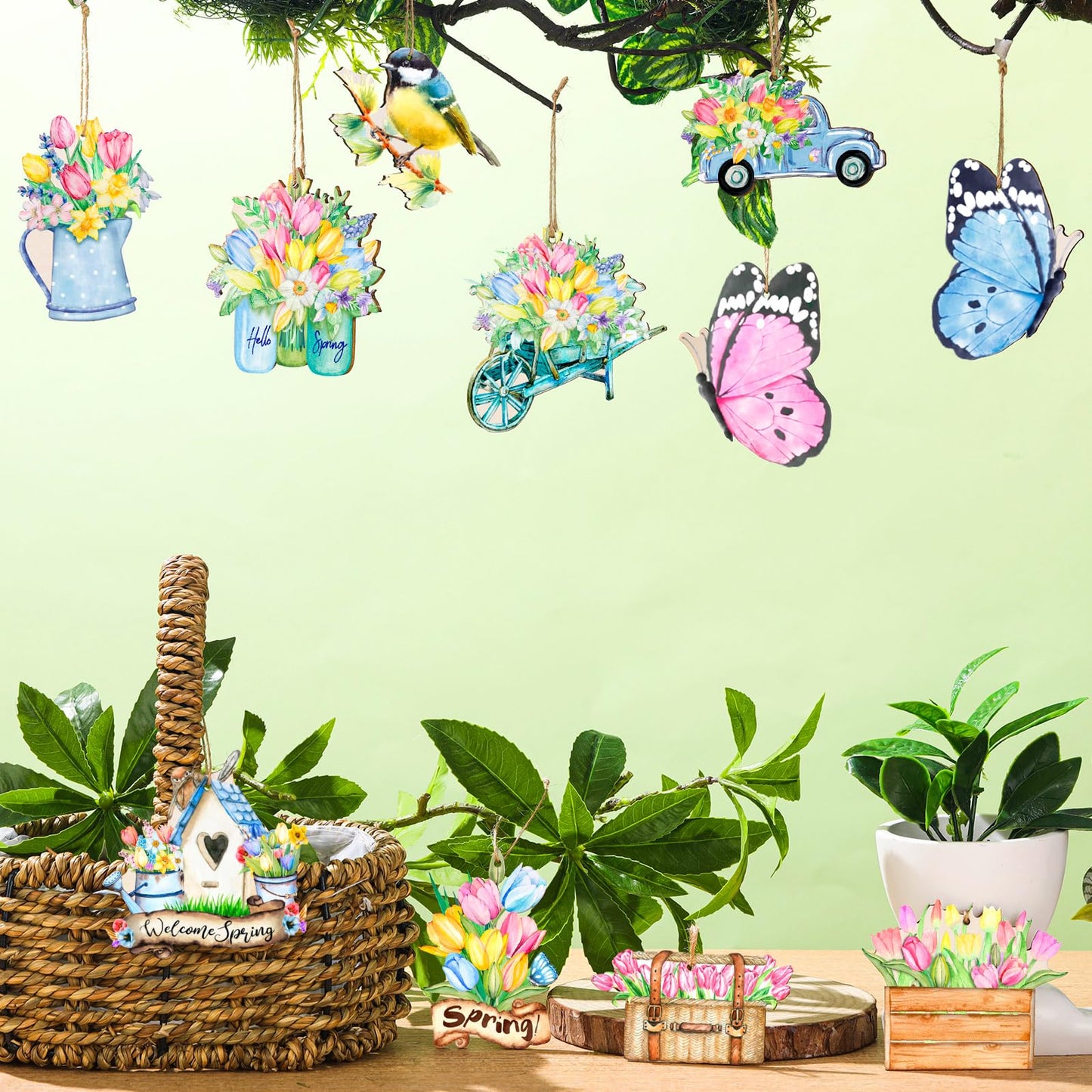 Anglechic 36 Pcs Spring Tree Ornaments Hawaiian Wood Hanging Decoration Butterfly Bird Truck Patterns Ornaments for Tree Luau Hawaiian Party Supplies