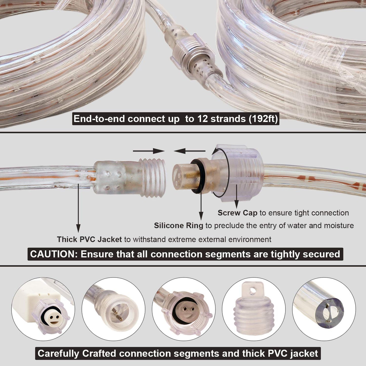 Areful LED Rope Lights, 16ft Daylight White Strip Lights with Clear PVC Jacket, Connectable and Flexible, Waterproof for Indoor Outdoor use, 110V Plugin Tape Lighting with High Brightness 3528 LEDs