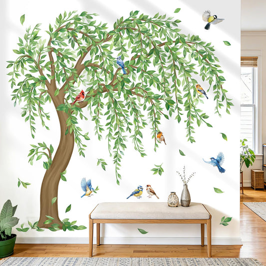decalmile Large Green Tree Wall Stickers Hanging Vine Falling Leaves Birds Wall Decals Living Room Bedroom Office Wall Decor Home Decor