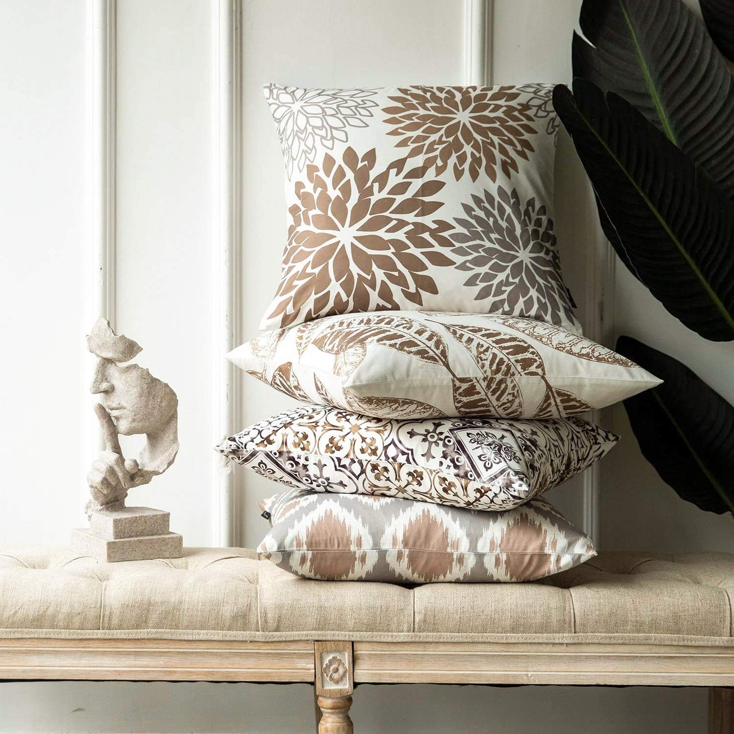 Phantoscope Set of 4 New Living Series Fall Leaf Geometric Coffee Throw Decorative Pillow Cover Cushion Cover 18 x 18 inches 45 x 45 cm