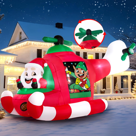 JOIEDOMI 7 FT Long Christmas Inflatable Santa Elf on Animated Helicopter, Blow Up Santa Inflatable on Flying Airplane with Rotating Propeller Yard Decor with LED for Xmas Party Garden Lawn Decor