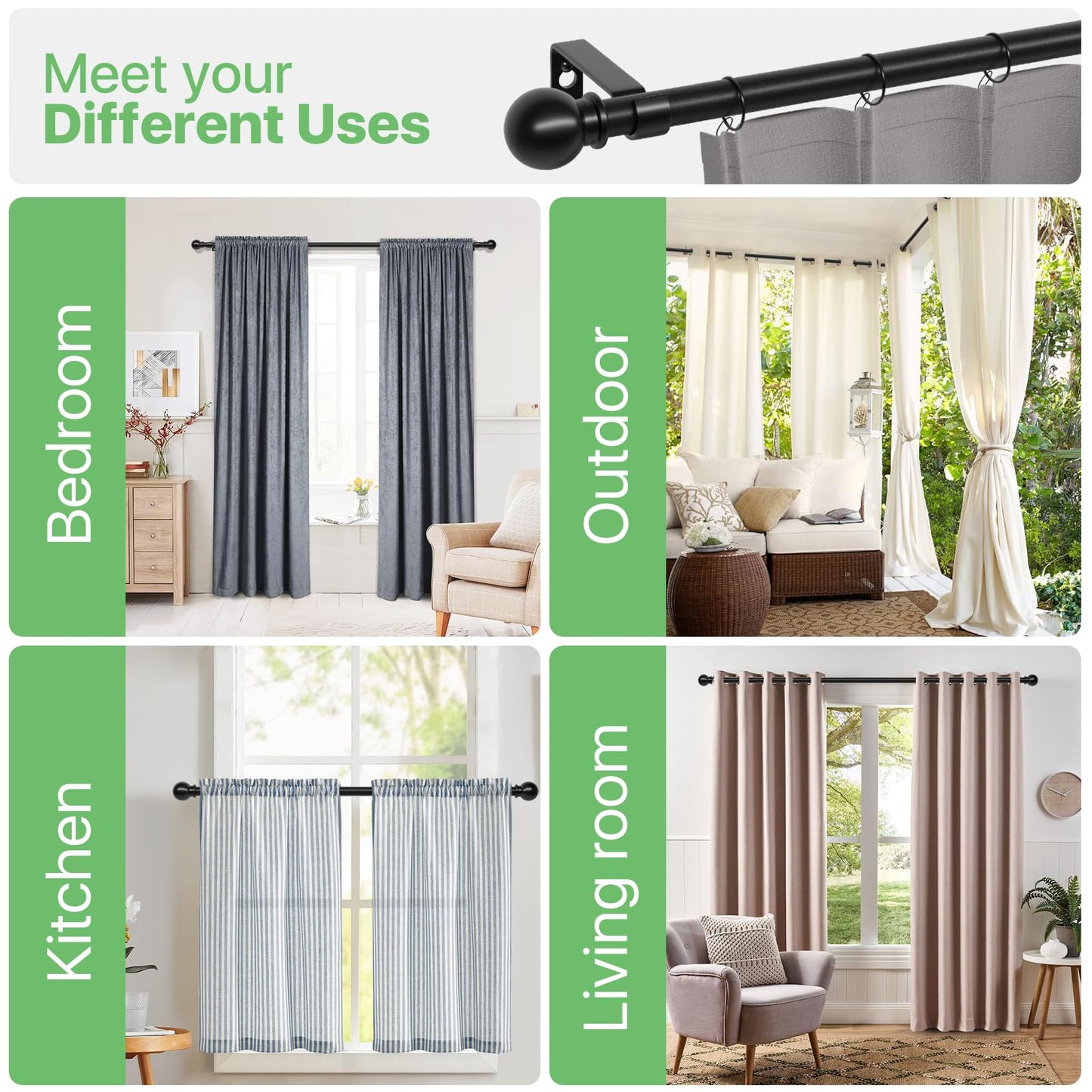 Curtain Rods for Windows 28 to 48 inch, 5/8 inch Black Curtain Rod Set with Brackets, Splicing Adjustable Metal Drapery Rod for Bedroom, Kitchen, Living Room, Matte Black