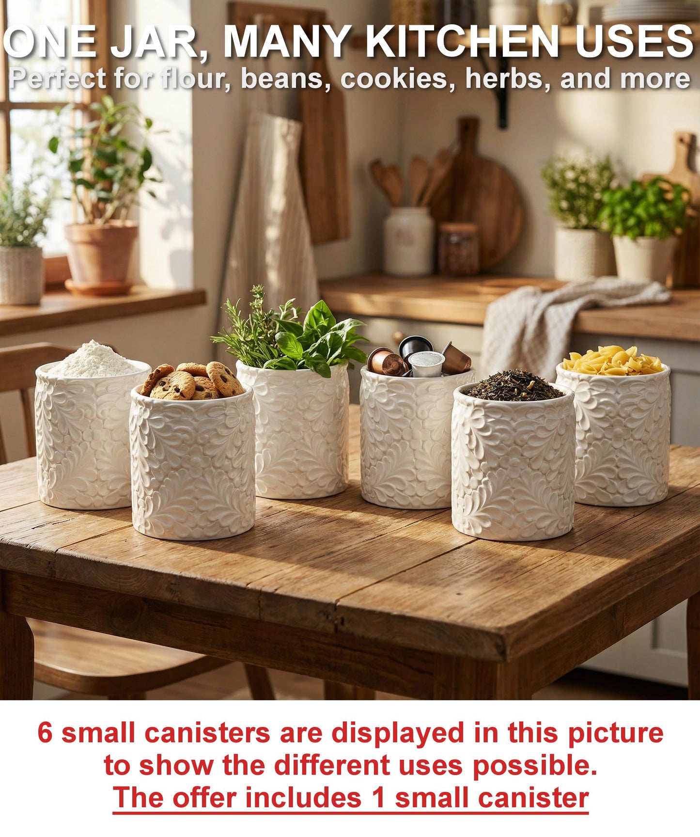 Small Engraved Ceramic Kitchen Canister - Storage Jars with Airtight Lids Made from Bamboo with Nature-Inspired Engraving - Use as a Pasta Holder, Coffee Ground Holder, Rice Container - 30 Ounces