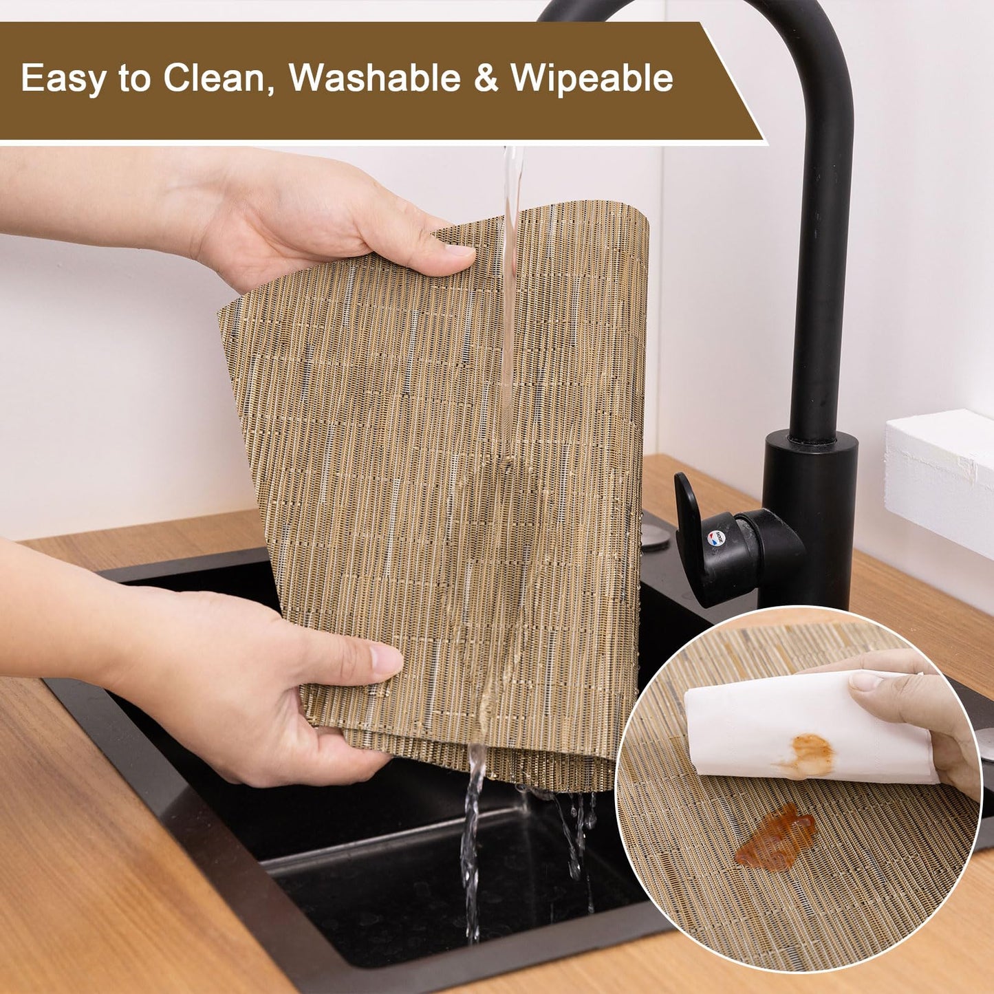 SHACOS Wedge Shape Placemats Set of 4 Woven Vinyl Placemat for Round Table Curved Place Mats Wipe Clean Kitchen Dining Table Mats (4, Tan)