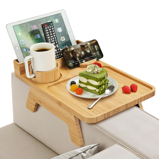 Premium Bamboo Sofa Arm Tray - Couch Armrest Table with Cup Holder, Phone Stand & Storage Compartment, Non-Slip Snack Tray for Living Room, Bedroom, Fits Most Sofa Armrests