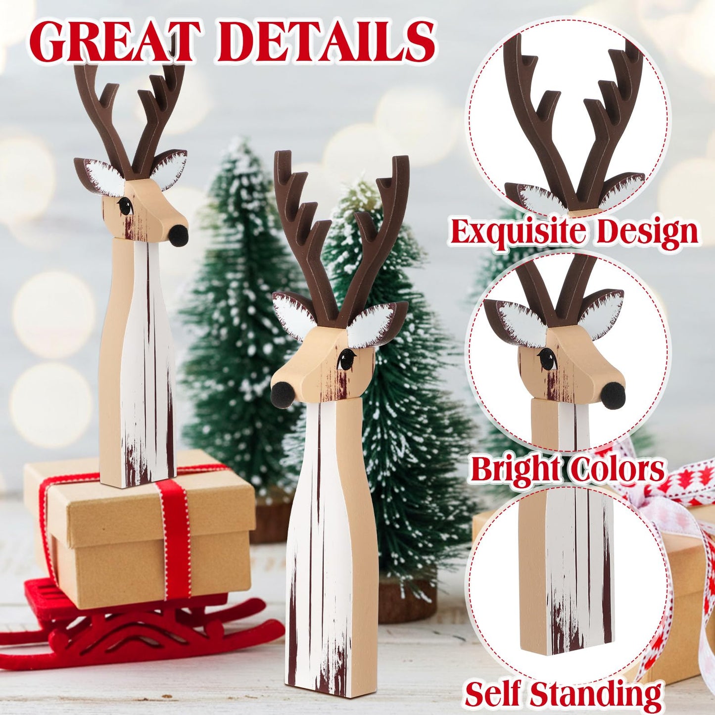 Syhood 3 Pcs Wooden Reindeer Figurines Reindeer Table Signs Deer Tiered Tray Decor Rustic Farmhouse Deer Tabletop Centerpiece for Winter Home Office Mantel Fireplace Shelf Desk Party Decorations