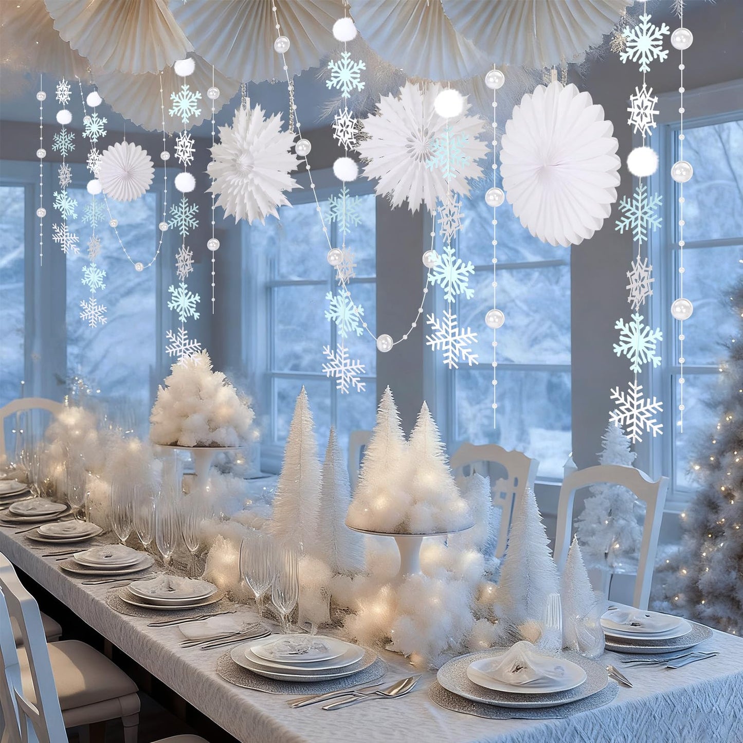 Suncalla 18 Pcs Winter Wonderland Snowflake Decorations Hanging Snowy Scene Landscape Party Ornament with Snow Garland Pearl String 15'' Snowflake Paper Fan for Winter Party Photo Props