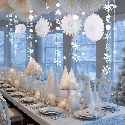Suncalla 18 Pcs Winter Wonderland Snowflake Decorations Hanging Snowy Scene Landscape Party Ornament with Snow Garland Pearl String 15'' Snowflake Paper Fan for Winter Party Photo Props