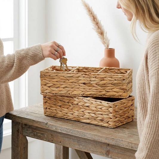 Pumtus 2 Pack 3-Section Woven Baskets, Water Hyacinth Storage Bin, Handwoven Desk Organizer, Toilet Paper Container, Rectangle Holder for Counter Top Toilet Tank Shelves Coffee Bar Pantry