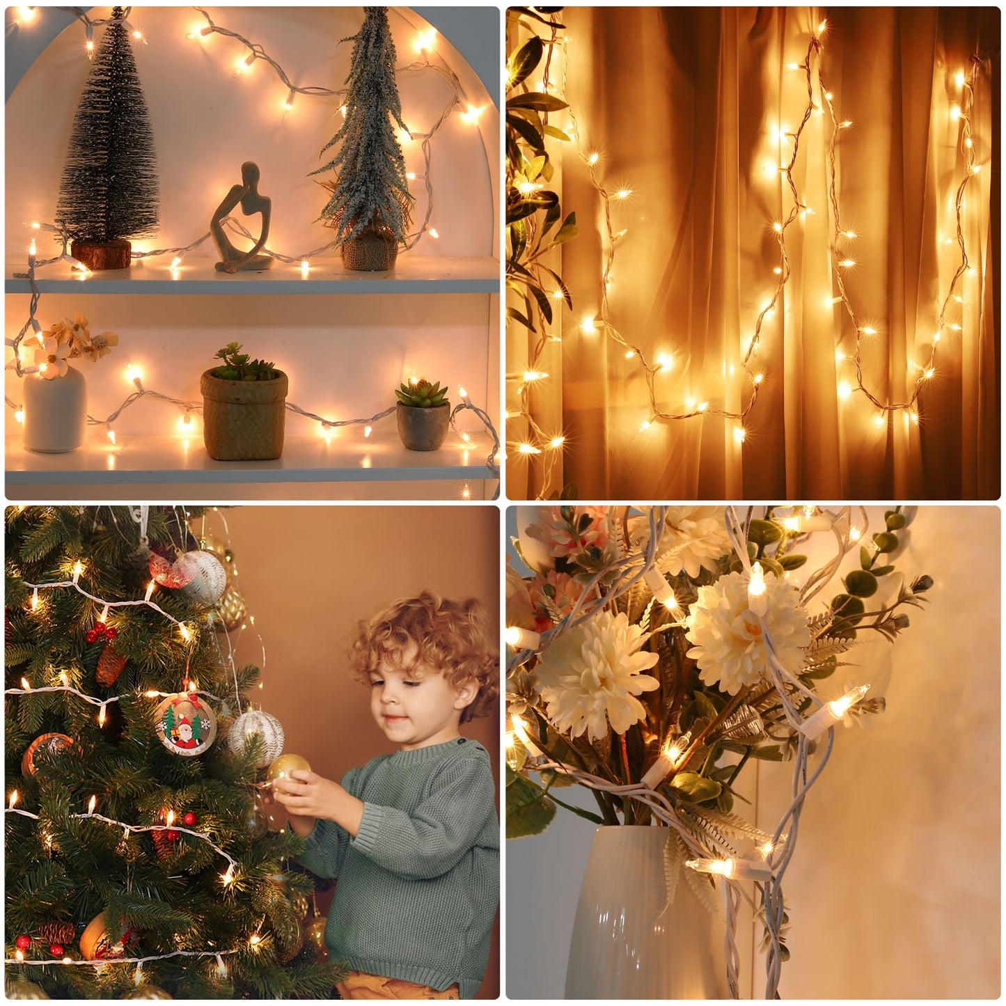 Meteds Christmas Lights 100 Count Clear White Wire UL Certified Connectable Warm White String Lights for Christmas Tree,Garland,Home,Patio, Wedding,Party,Festival Decor