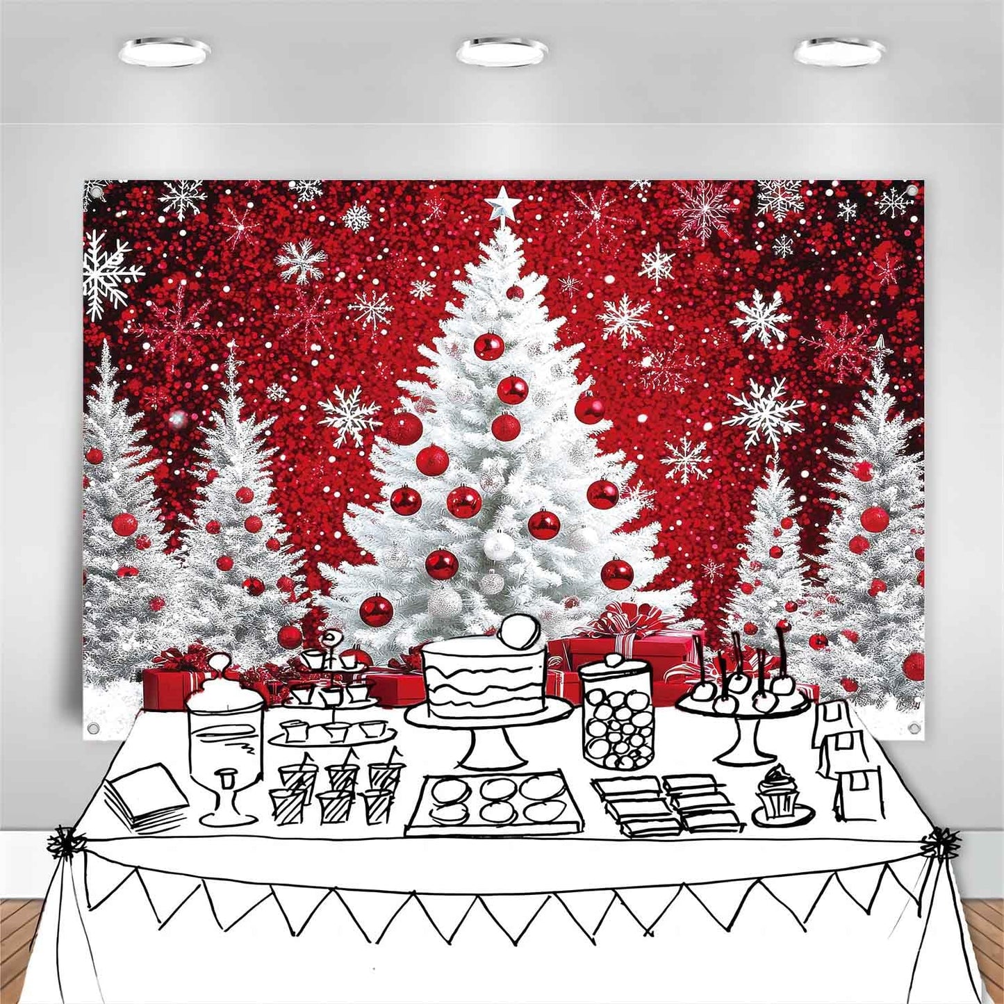 LDWLYW Snowy Christmas Backdrop Merry Christmas Holiday Birthday Party Decorations Banner Large Red White Snow Xmas Tree Winter Photography Background Wall Decor Photo Props 5x3ft