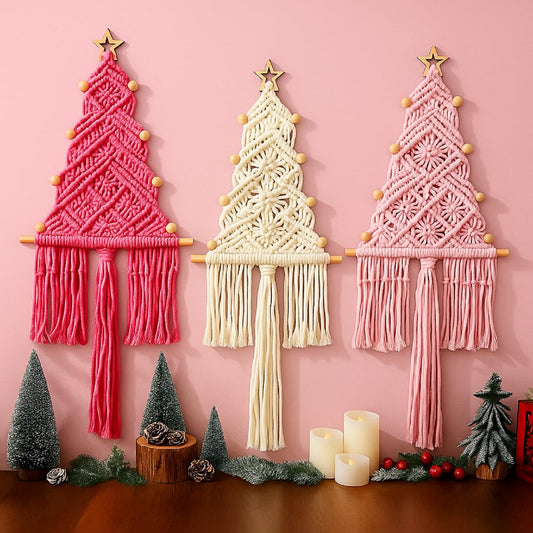 HunnmingRe Pink Christmas Tree 3 Set Macrame Christmas Wall Decoration Hanging Ornaments Boho Wall Decor for Party Supplies(Beige, Light and Dark Pink)