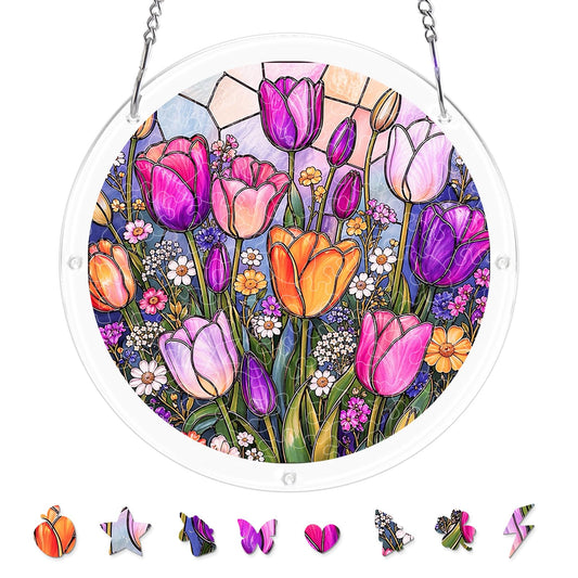 AOSERI Acrylic Puzzle Suncatcher Window Hanging, Tulip Garden Sun Catchers DIY Crafts Puzzle for Adults Home Garden Decor Gifts for Women, Men, Wife, Mom-8.9 in
