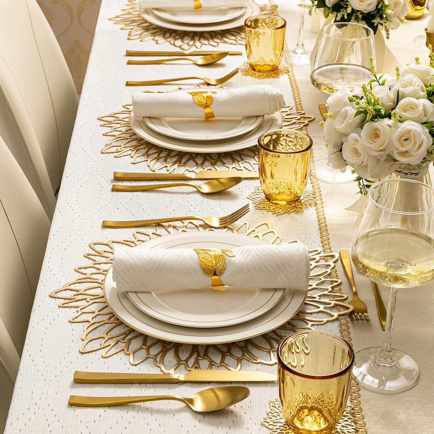 Gold Placemats Set of 8 Table Mats Gold Charger Plates Place Mats & 8 Pcs Coasters Wipeable Modern Holiday Round Placemats for Christmas Thanksgiving Farmhouse Wedding Dining Table Setting Decor